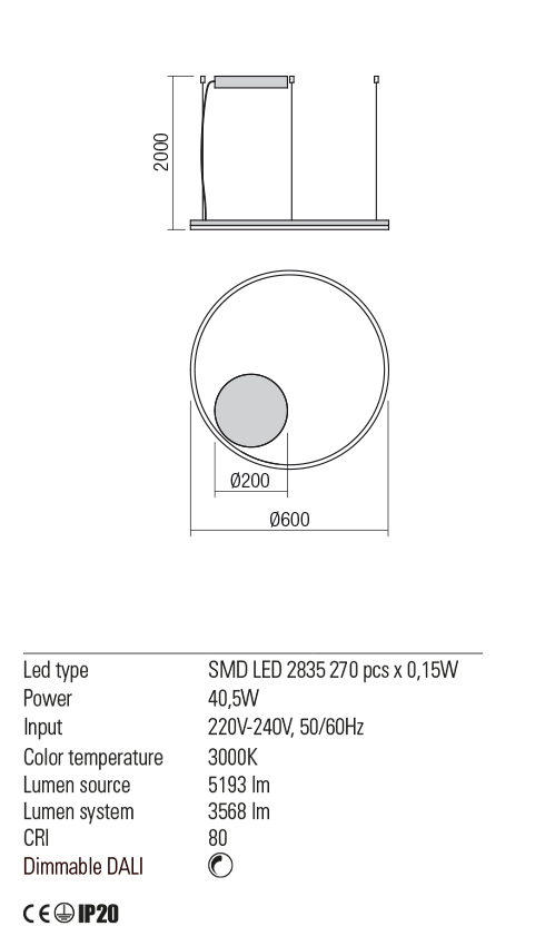 Suspensie ORBIT, bronz, LED 40, 5W, 3000K, 5193 lm, Redo 01-1711-DALI