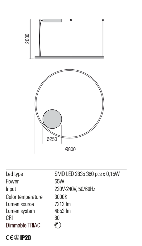 Suspensie ORBIT, bronz, LED 55W, 3000K, 7212 lm, Redo 01-1713-TRIAC