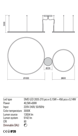 Suspensie ORBIT, negru mat, LED 40, 5W + 68W, 3000K, 13934 lm, Redo 01-1953-DALI