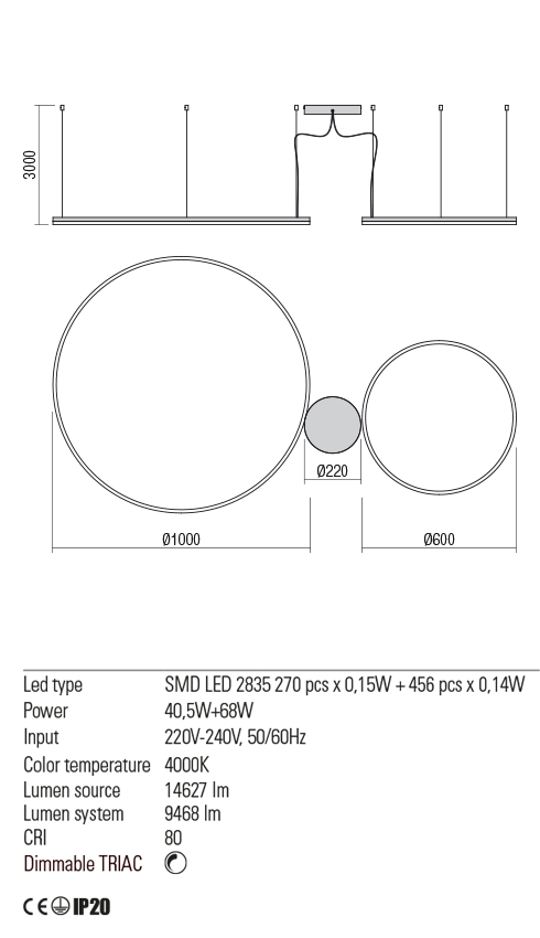 Suspensie ORBIT, negru mat, LED 40, 5W + 68W, 4000K, 14627 lm, Redo 01-1966-TRIAC