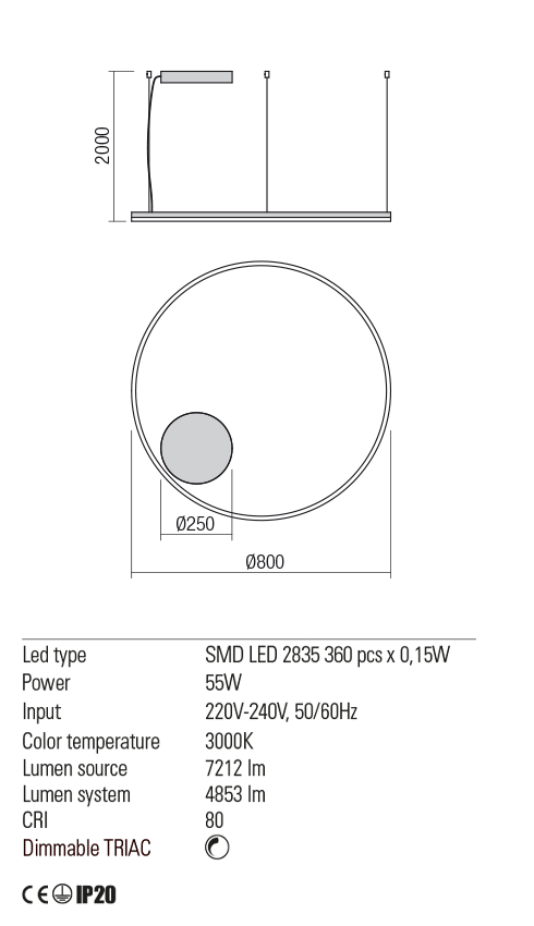 Suspensie ORBIT, negru mat, LED 55W, 3000K, 7212 lm, Redo 01-1949-TRIAC