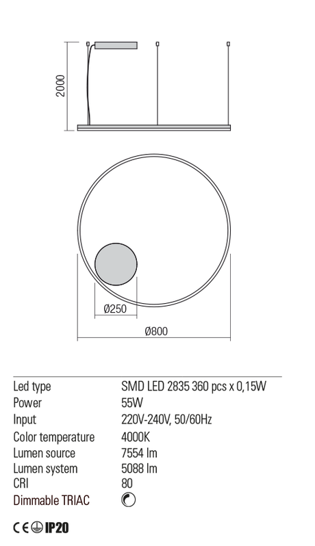 Suspensie ORBIT, negru mat, LED 55W, 4000K, 7554 lm, Redo 01-1962-TRIAC