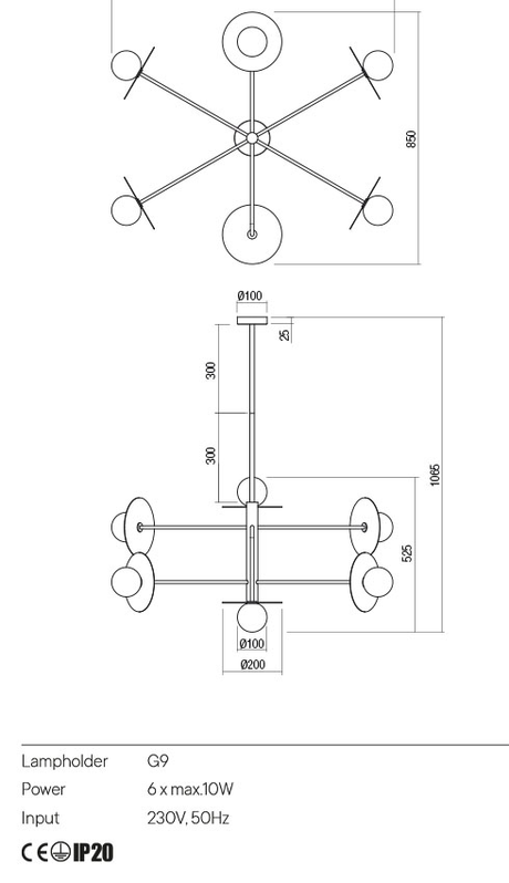 Suspensie PLATO, auriu, G9 6 x 10W, Redo 01-2733