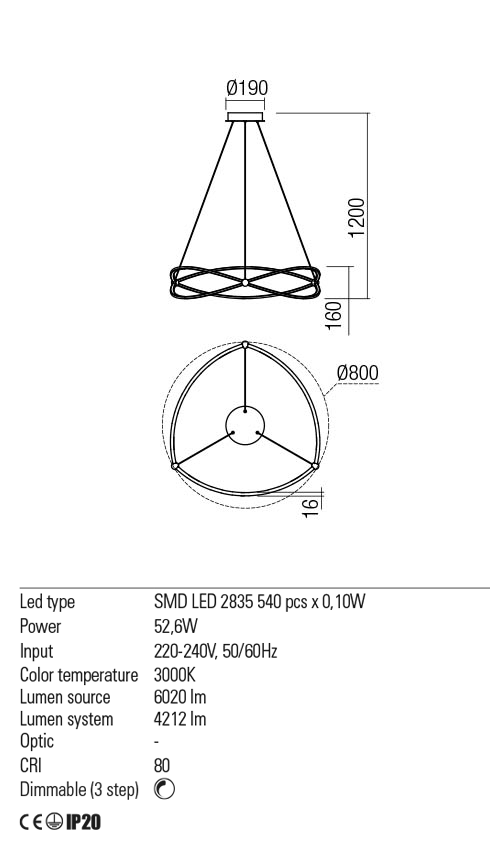 Suspensie QUARK, negru mat, LED 52, 6W, 3000K, 6020 lm, Redo 01-2254