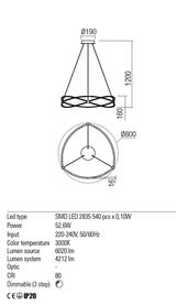 Suspensie QUARK, negru mat, LED 52, 6W, 3000K, 6020 lm, Redo 01-2254