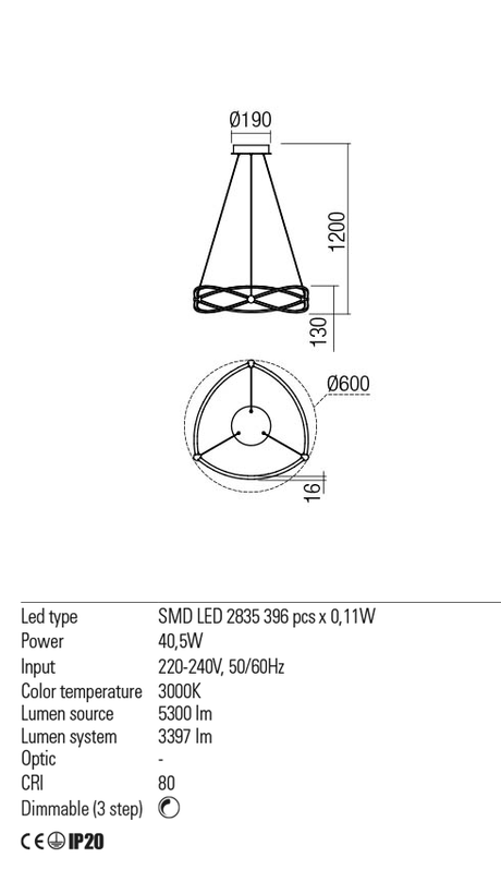 Suspensie QUARK, nichel satinat, LED 40, 5W, 3000K, 5300 lm, Redo 01-2251