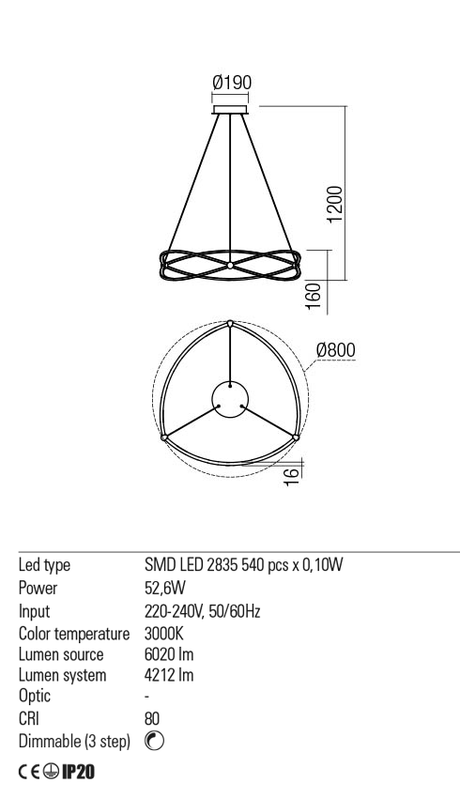 Suspensie QUARK, nichel satinat, LED 52, 6W, 3000K, 6020 lm, Redo 01-2253