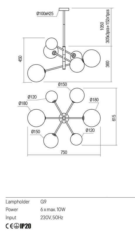 Suspensie ROY, alama antica patinata, G9 6 x max 10W, Redo 01-2780