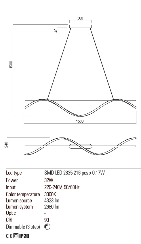 Suspensie SAVAGE, alb mat, LED 32W, 3000K, 4323 lm, Redo 01-2516