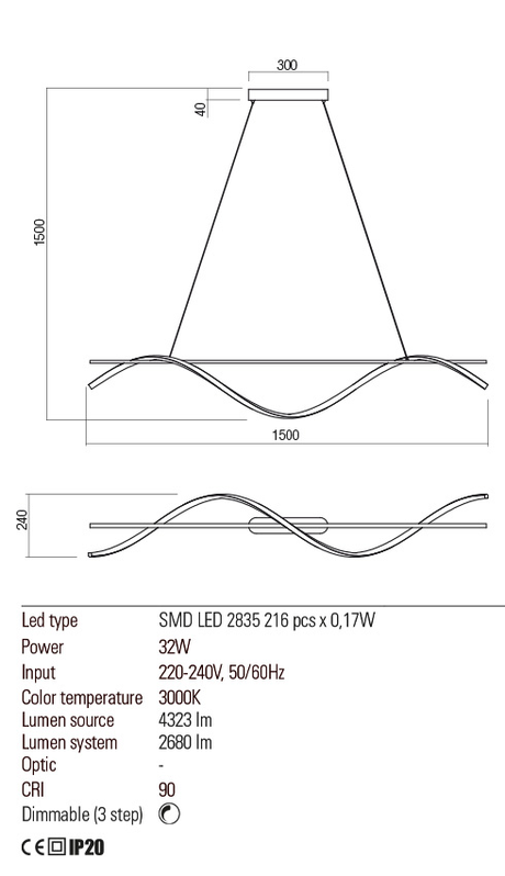 Suspensie SAVAGE, alb mat, LED 32W, 3000K, 4323 lm, Redo 01-2516