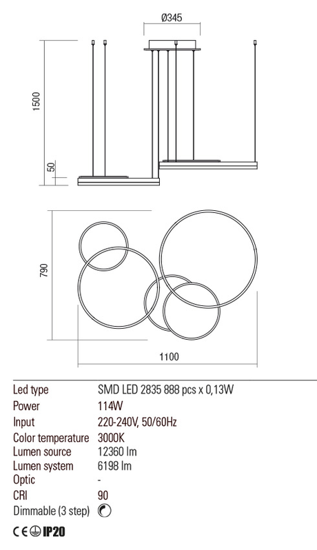 Suspensie SIGUA, auriu mat, LED 114W, 3000K, 12360 lm, Redo 01-2609