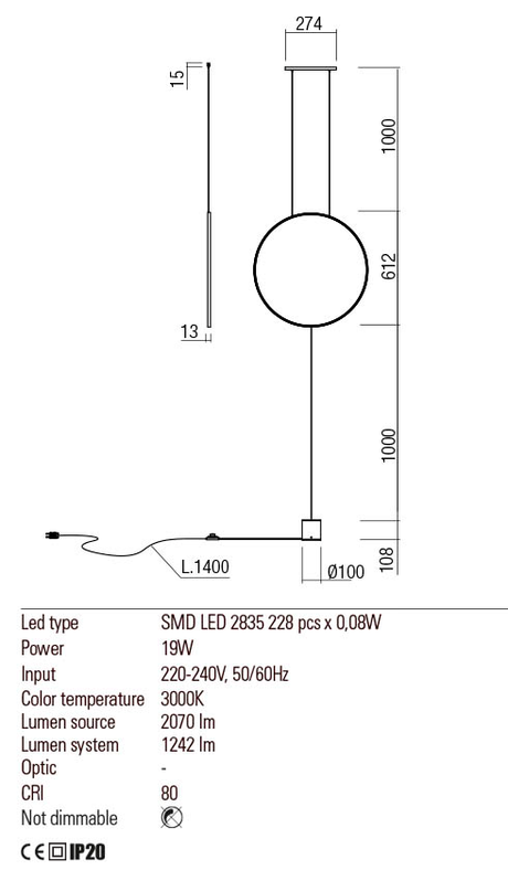 Suspensie SLICK, auriu mat, LED 19W, 3000K, Redo 01-2196