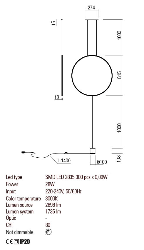 Suspensie SLICK, auriu mat, LED 28W, 3000K, Redo 01-2198