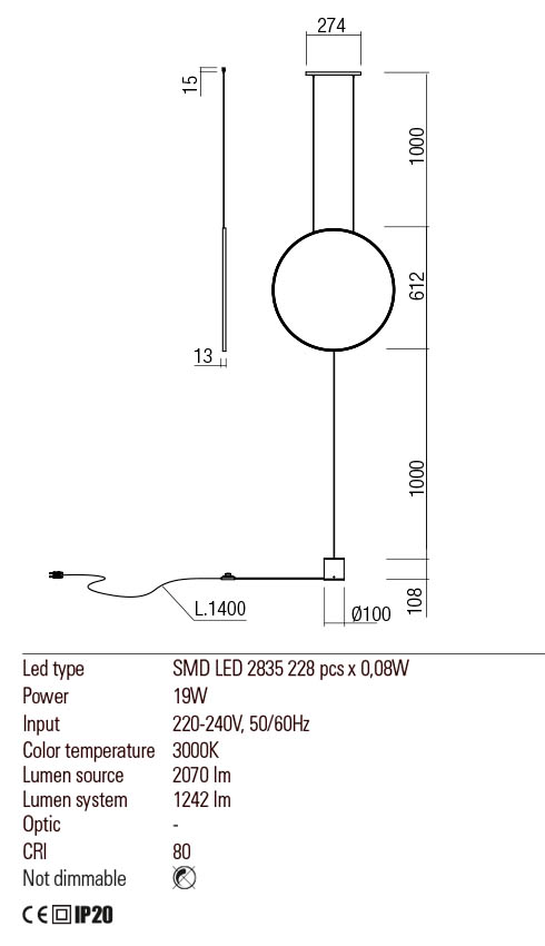 Suspensie SLICK, negru mat, LED 19W, 3000K, Redo 01-2197