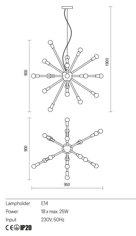 Suspensie STELLAR, auriu, E14 18 x 25W, Redo 01-2935