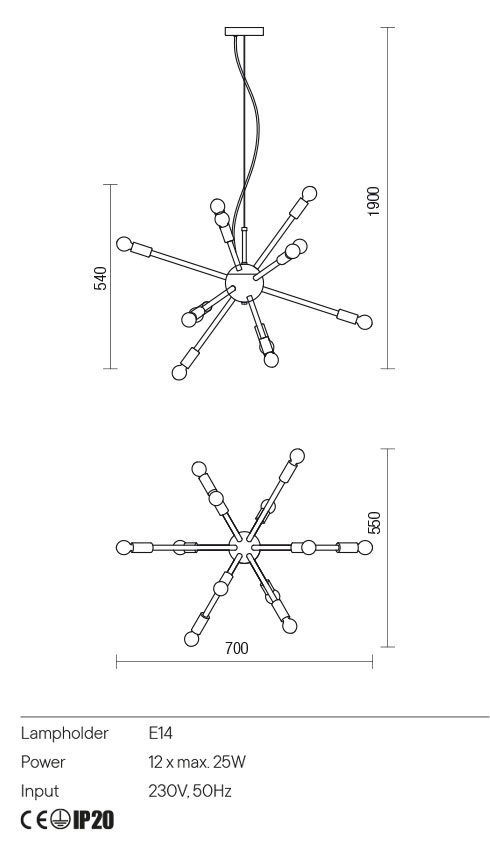 Suspensie STELLAR, negru mat, E14 12 x 25W, Redo 01-2934