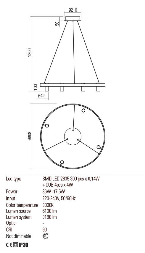 Suspensie SUMMIT, auriu periat, LED 36W, 3000K, 6100 lm, Redo 01-2492