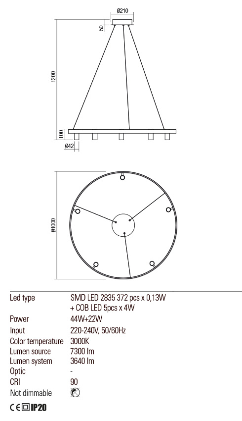 Suspensie SUMMIT, auriu periat, LED 44W, 3000K, 7300 lm, Redo 01-2494