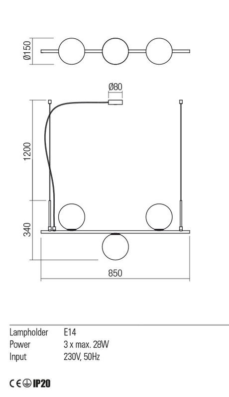 Suspensie TALIS, negru, E14, 3 x 28W, Redo 01-2647