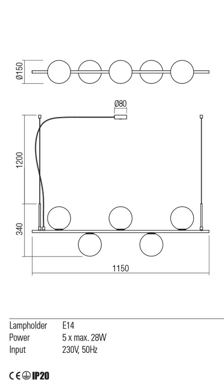 Suspensie TALIS, negru, E14, 5 x 28W, Redo 01-2648