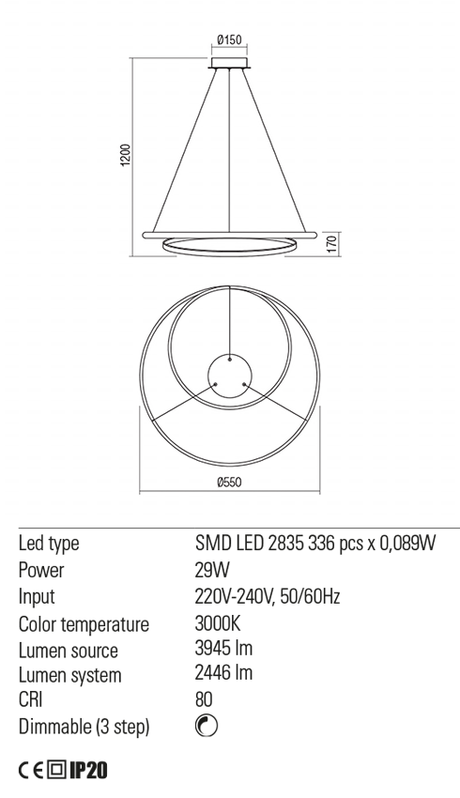 Suspensie TORSION, LED 29W, 3000K, 3945 lm, Redo 01-1793