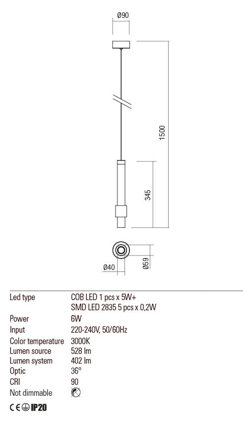 Suspensie TYCON, alb mat, LED 6W, 3000K, 528 lm, Redo 01-1992