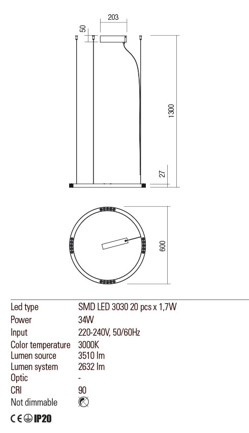 Suspensie UNION, alb mat, LED 34W, 3000K, Redo 01-2202