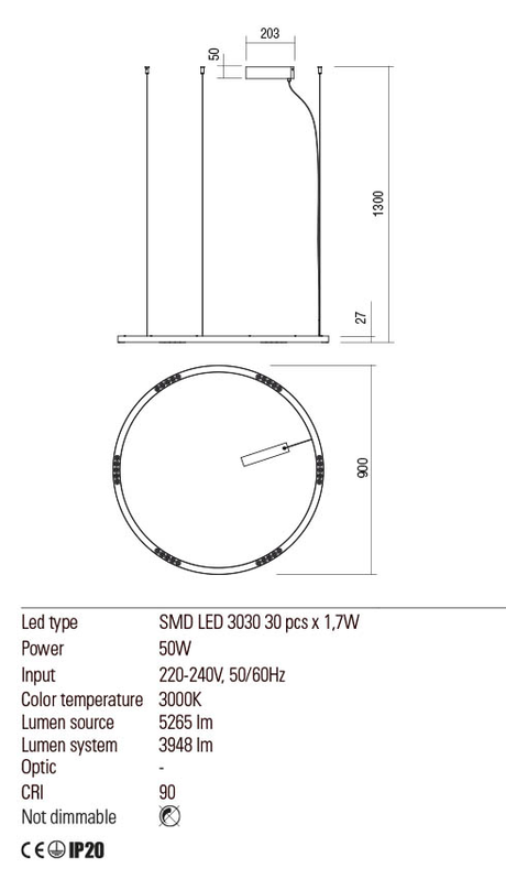 Suspensie UNION, alb mat, LED 50W, 3000K, Redo 01-2205