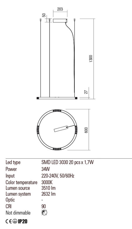 Suspensie UNION, auriu mat, LED 34W, 3000K, Redo 01-2203