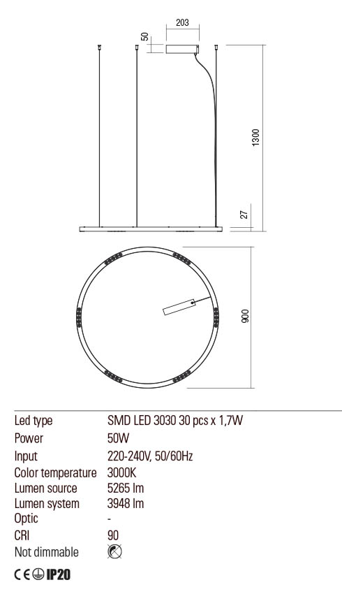 Suspensie UNION, auriu mat, LED 50W, 3000K, Redo 01-2206