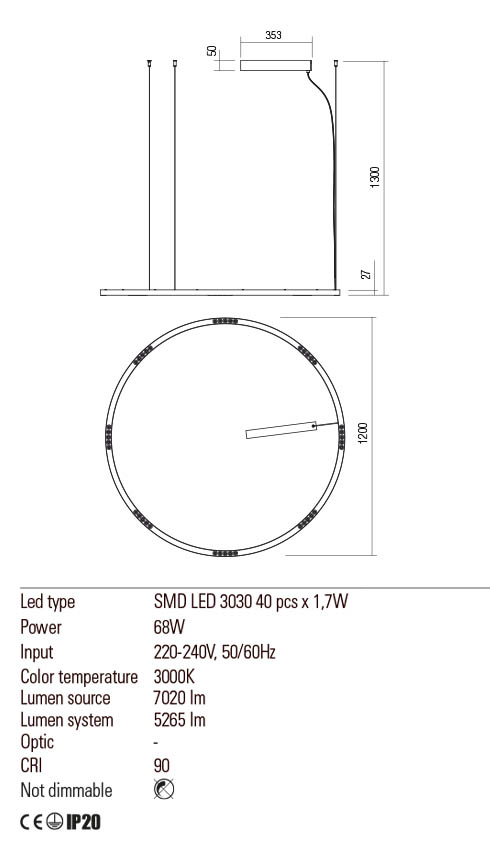 Suspensie UNION, auriu mat, LED 68W, 3000K, Redo 01-2209