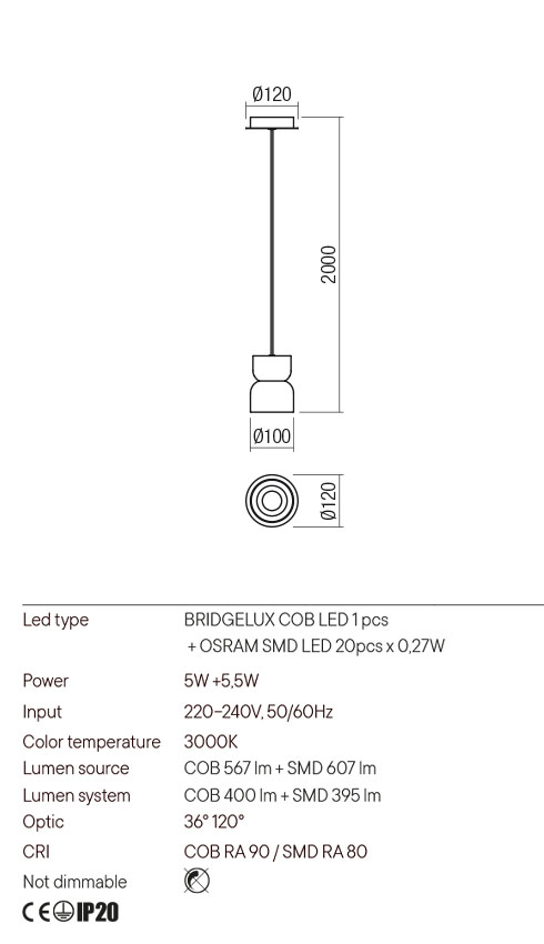 Suspensie YONA, auriu mat, LED 5W +5, 5W, 3000K, COB 567 lm + SMD 607 lm, Redo 01-2702