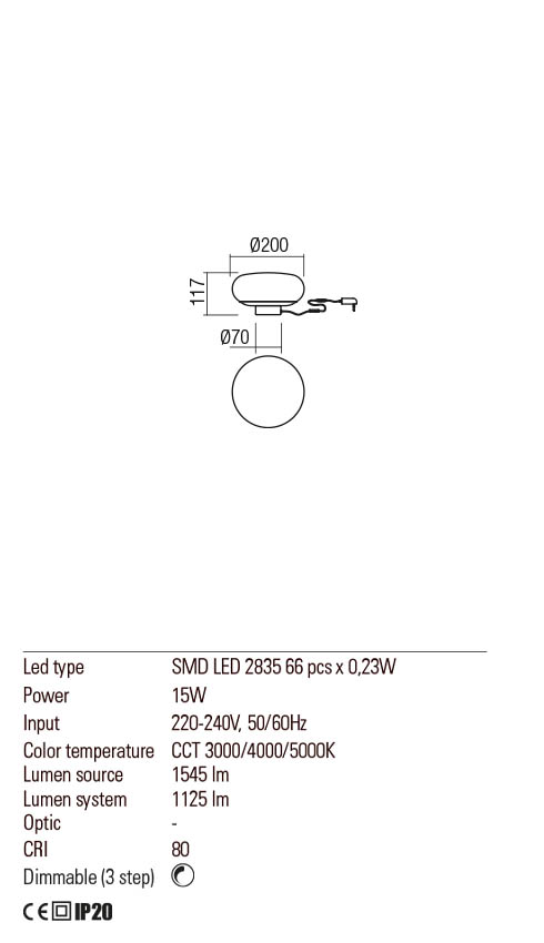 Veioza UBIS, alb mat, LED 15W, CCT 3000/4000/5000K, Redo 01-2236